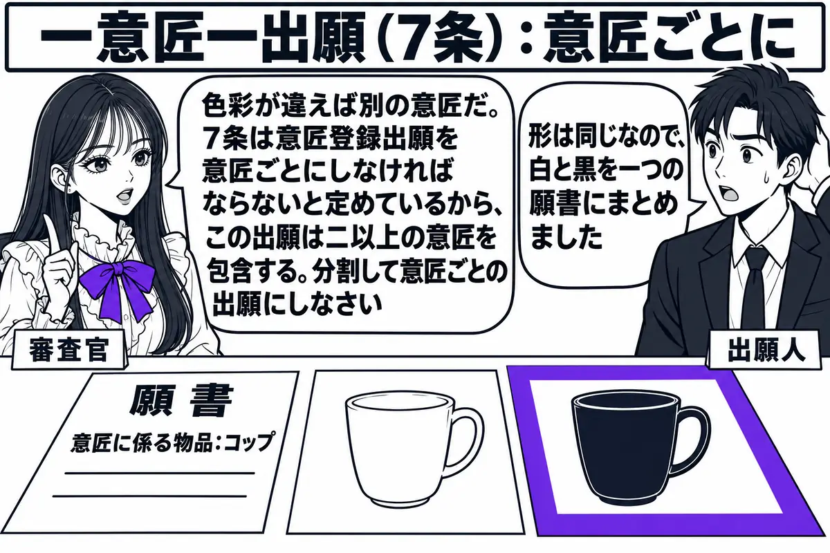 特許庁の審査室の場面。先生が審査官役（札「審査官」）で机に座り、一枚の「願書　意匠に係る物品：コップ」と書かれた紙と、その横に白いコップの図面と黒く塗ったコップの図面の二枚を並べている。向かいに出願人の男性（札「出願人」）が立ち、吹き出し「