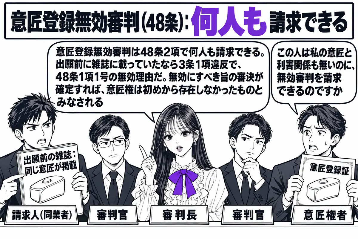 特許庁の審判廷の場面。先生が審判長役（札「審判長」）で中央に座り、両脇に審判官の男性二人（札「審判官」）。向かって左に請求人の男性（札「請求人（同業者）」）が「出願前の雑誌：同じ意匠が掲載」と書かれた雑誌を掲げ、右に被請求人の男性（札「意匠