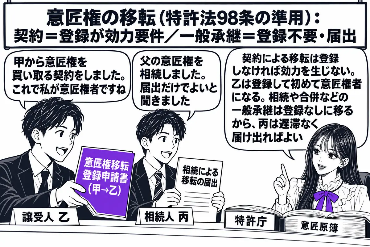 特許庁の登録の窓口の場面。先生が窓口の職員役（札「特許庁」）でカウンターの内側に座り、手元に「意匠原簿」と書かれた厚い帳簿を開いている。カウンターの外に男性2人が並び、左の男性（札「譲受人 乙」）が「意匠権移転登録申請書（甲→乙）」と書かれ