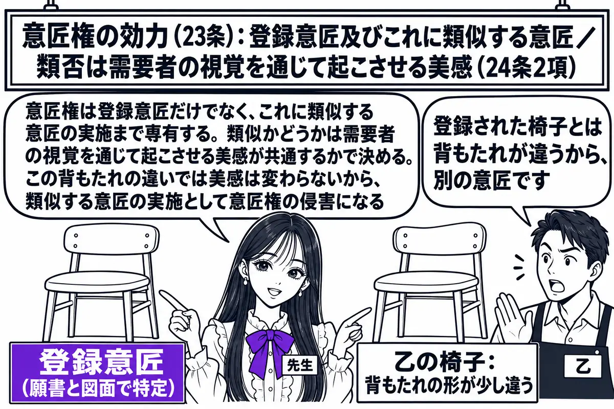 家具店の店先の場面。先生が先生役（札「先生」）で、陳列された2脚の椅子の間に立っている。左の椅子に「登録意匠（願書と図面で特定）」の札、右の椅子に「乙の椅子：背もたれの形が少し違う」の札。右の椅子の横に店主の男性（札「乙」）が立ち、吹き出し