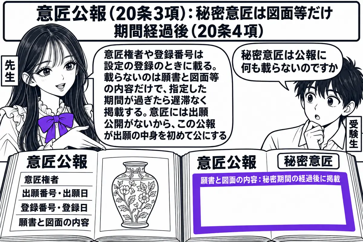 特許庁の公報閲覧室の場面。先生が先生役（札「先生」）で机の上に「意匠公報」と書かれた冊子を2冊並べている。左の冊子は開いていて「意匠権者／出願番号・出願日／登録番号・登録日／願書と図面の内容」の項目と花瓶の図が見える。右の冊子は「秘密意匠」