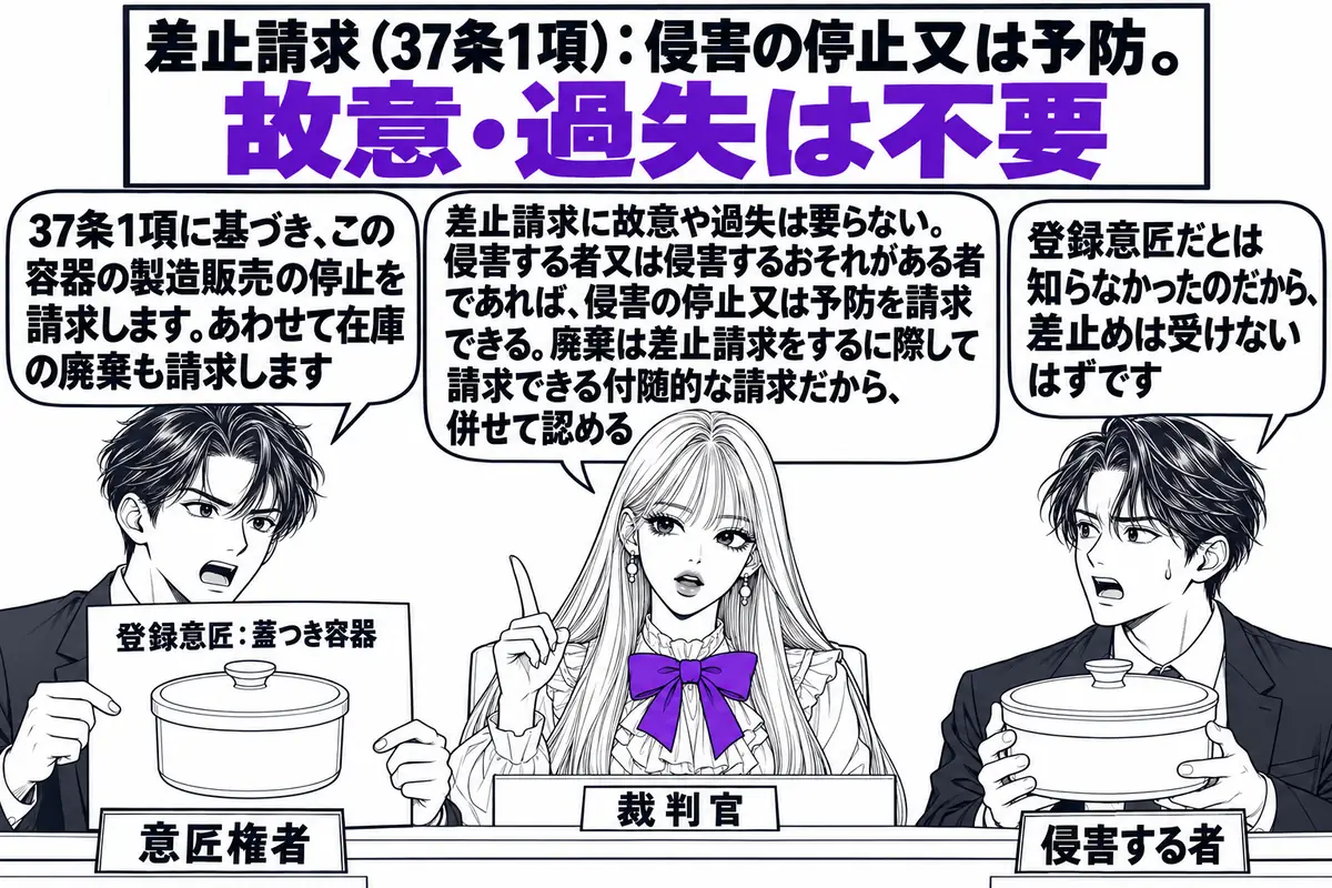 裁判所の法廷の場面。先生が裁判官役（札「裁判官」）で壇上に座り、左に原告席の男性（札「意匠権者」）が「登録意匠：蓋つき容器」と書かれた図面を掲げ、右に被告席の男性（札「侵害する者」）がそっくりな容器を抱えている。意匠権者の吹き出し「37条1