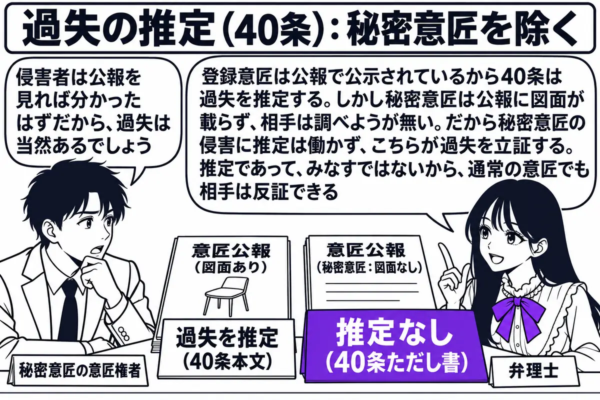 弁理士事務所の相談室の場面。先生が弁理士役（札「弁理士」）で机に座り、向かいに男性（札「秘密意匠の意匠権者」）が座っている。机の上に左右二冊の冊子。左は「意匠公報（図面あり）」で「過失を推定（40条本文）」の札、右は「意匠公報（秘密意匠：図