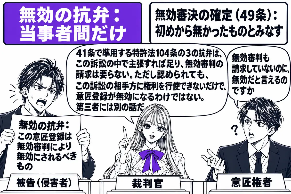 裁判所の法廷の場面。先生が裁判官役（札「裁判官」）で壇上に座っている。被告席の男性（札「被告（侵害者）」）が「無効の抗弁：この意匠登録は無効審判により無効にされるべきもの」と書かれた書面を掲げている。原告席の男性（札「意匠権者」）の吹き出し