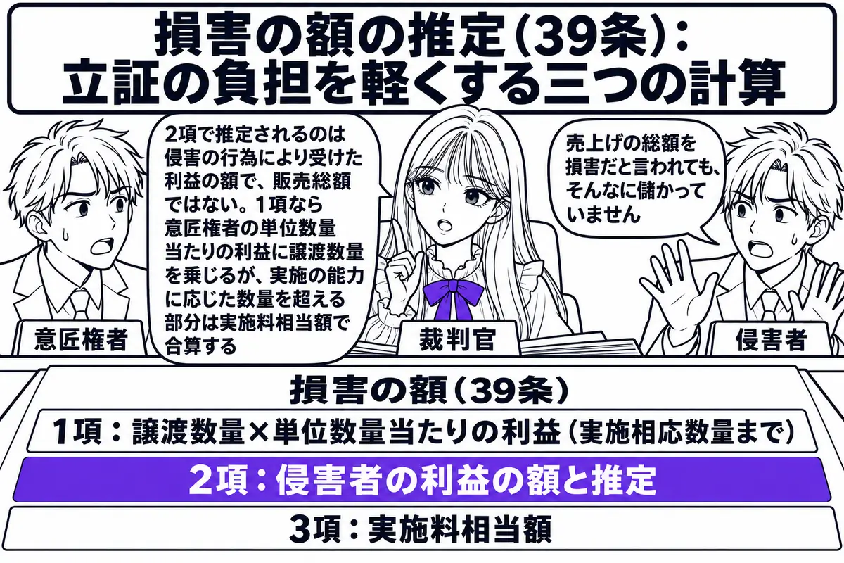裁判所の法廷の場面。先生が裁判官役（札「裁判官」）で壇上に座り、手元に「損害の額（39条）」と書かれた書面を広げている。書面には三段の札が並ぶ。「1項：譲渡数量×単位数量当たりの利益（実施相応数量まで）」「2項：侵害者の利益の額と推定」「3