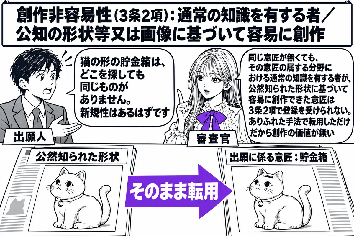 特許庁の審査室の場面。先生が審査官役（札「審査官」）で机に座り、机の左に雑誌の切り抜き（よく知られた猫の置物の写真、札「公然知られた形状」）、右に出願の図面（猫の形をそのまま使った貯金箱の絵、札「出願に係る意匠：貯金箱」）。二つの間に矢印と