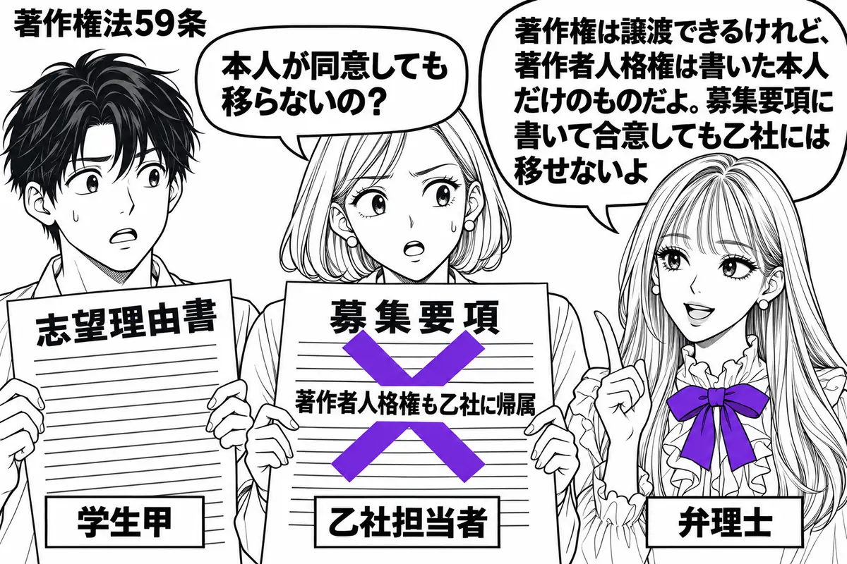 先生が弁理士役(札「弁理士」)で右。左に志望理由書を持つ男性(札「学生甲」)、中央に募集要項を示す女性(札「乙社担当者」)。募集要項の「著作者人格権も乙社に帰属」という記載に大きなヴァイオレットの×印。学生は志望理由書を胸元に持っている。先