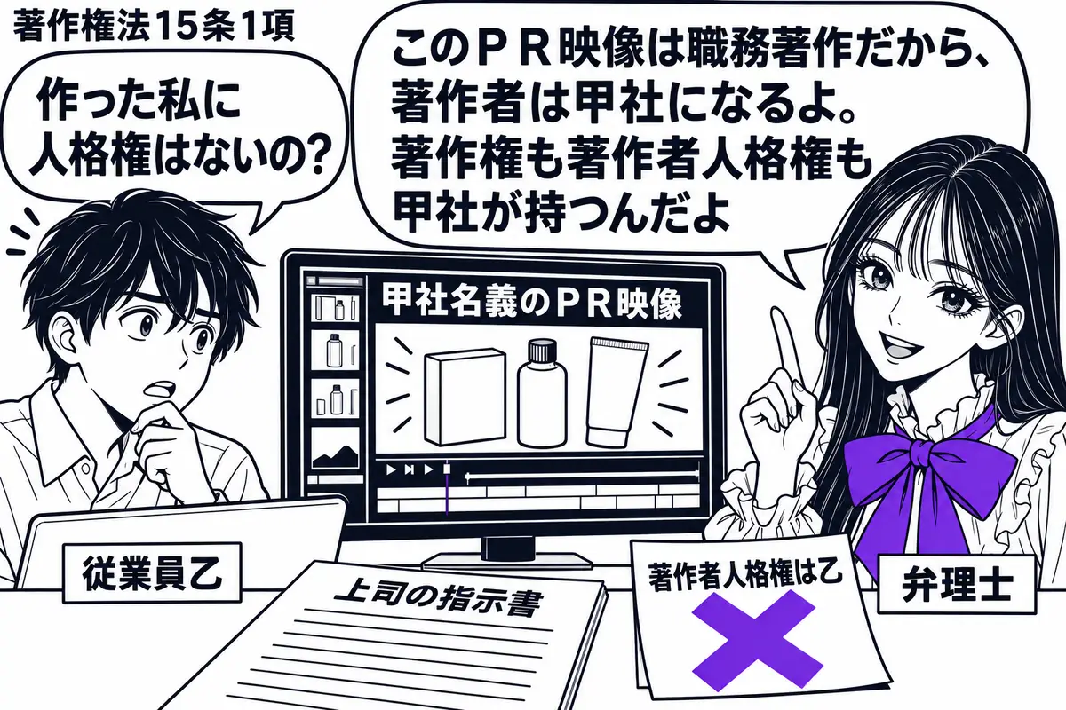 先生が右で弁理士役（札「弁理士」）。左に映像を編集する男性（札「従業員乙」）、中央の画面には甲社名義のＰＲ映像と商品が映っている。机に上司の指示書を置き、「著作者人格権は乙」と書いた付箋に大きなヴァイオレットの×印。先生の吹き出し「このＰＲ