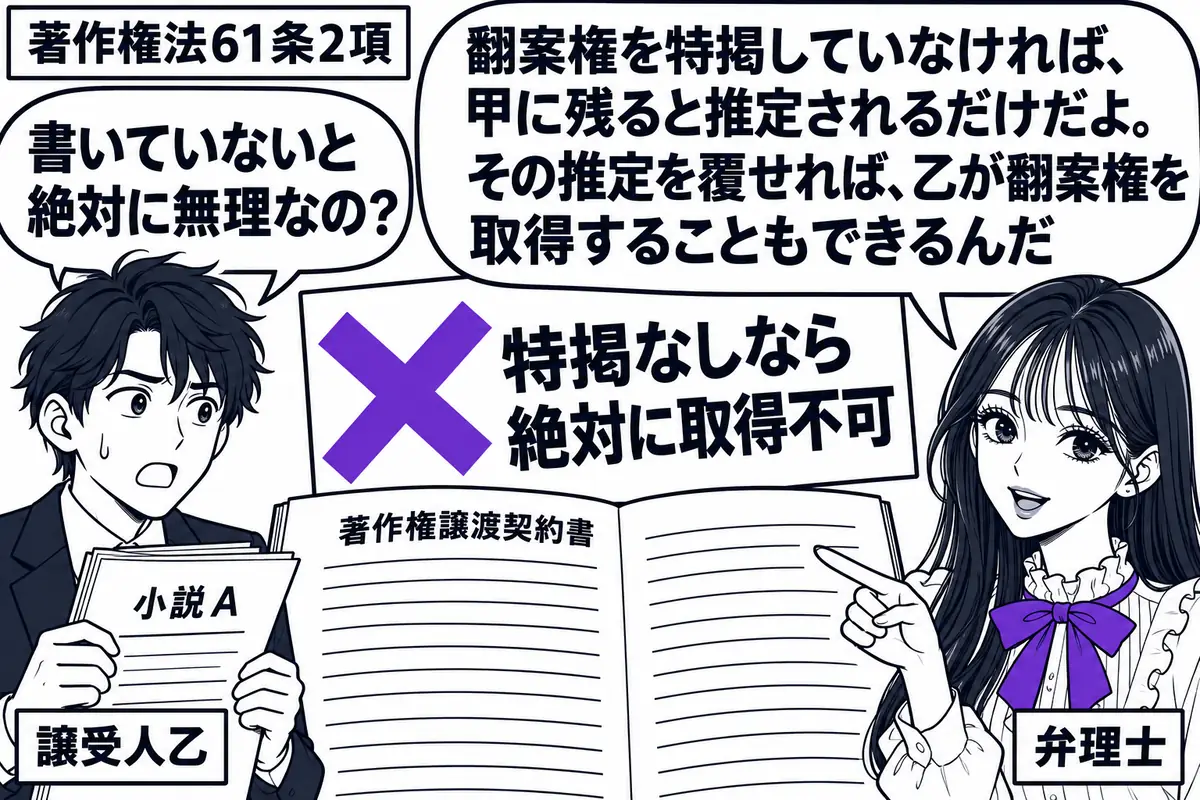 先生が右で弁理士役（札「弁理士」）。左に小説Ａの原稿を持つ男性（札「譲受人乙」）。中央に著作権譲渡契約書を開き、翻案権の記載がない紙面を見せる。「特掲なしなら絶対に取得不可」の付箋にヴァイオレットの×印。先生の吹き出し「翻案権を特掲していな