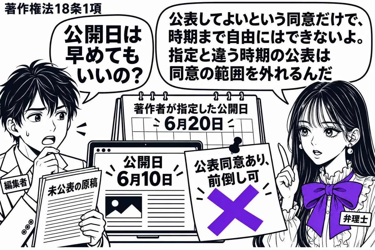 先生が弁理士役(札「弁理士」)で右側。左の編集者(札「編集者」)が未公表の原稿を持ち、中央に著作者が指定した公開日入りの予定表。その手前に早い日付の公開画面を置き、「公表同意あり、前倒し可」の付箋にヴァイオレットの×印。先生の吹き出し「公表