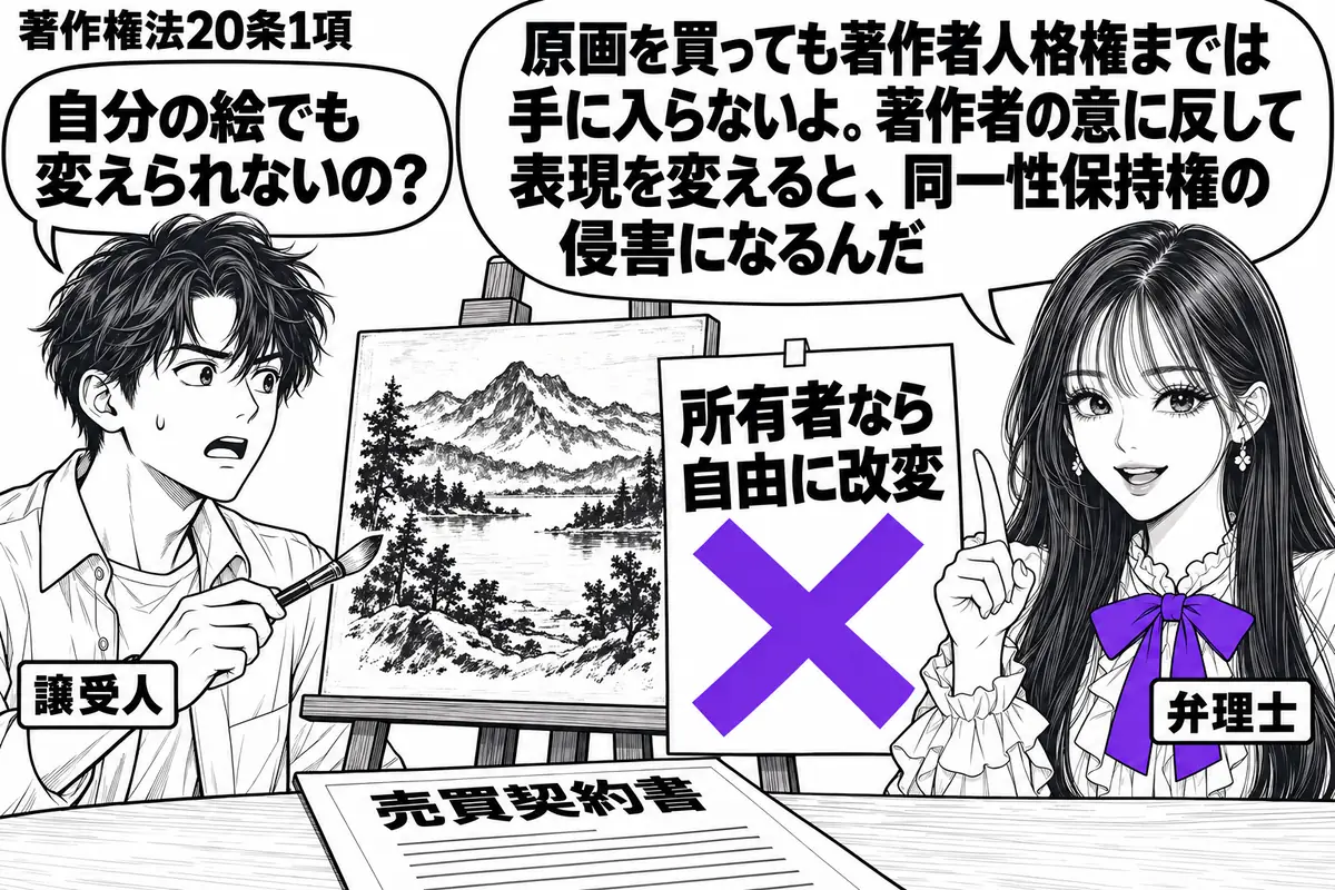 先生が弁理士役(札「弁理士」)で右側。左に絵画を買った男性(札「譲受人」)、中央の画架には購入した原画。男性は筆を構え、机には売買契約書がある。原画の横の「所有者なら自由に改変」の付箋に大きなヴァイオレットの×印。先生の吹き出し「原画を買っ