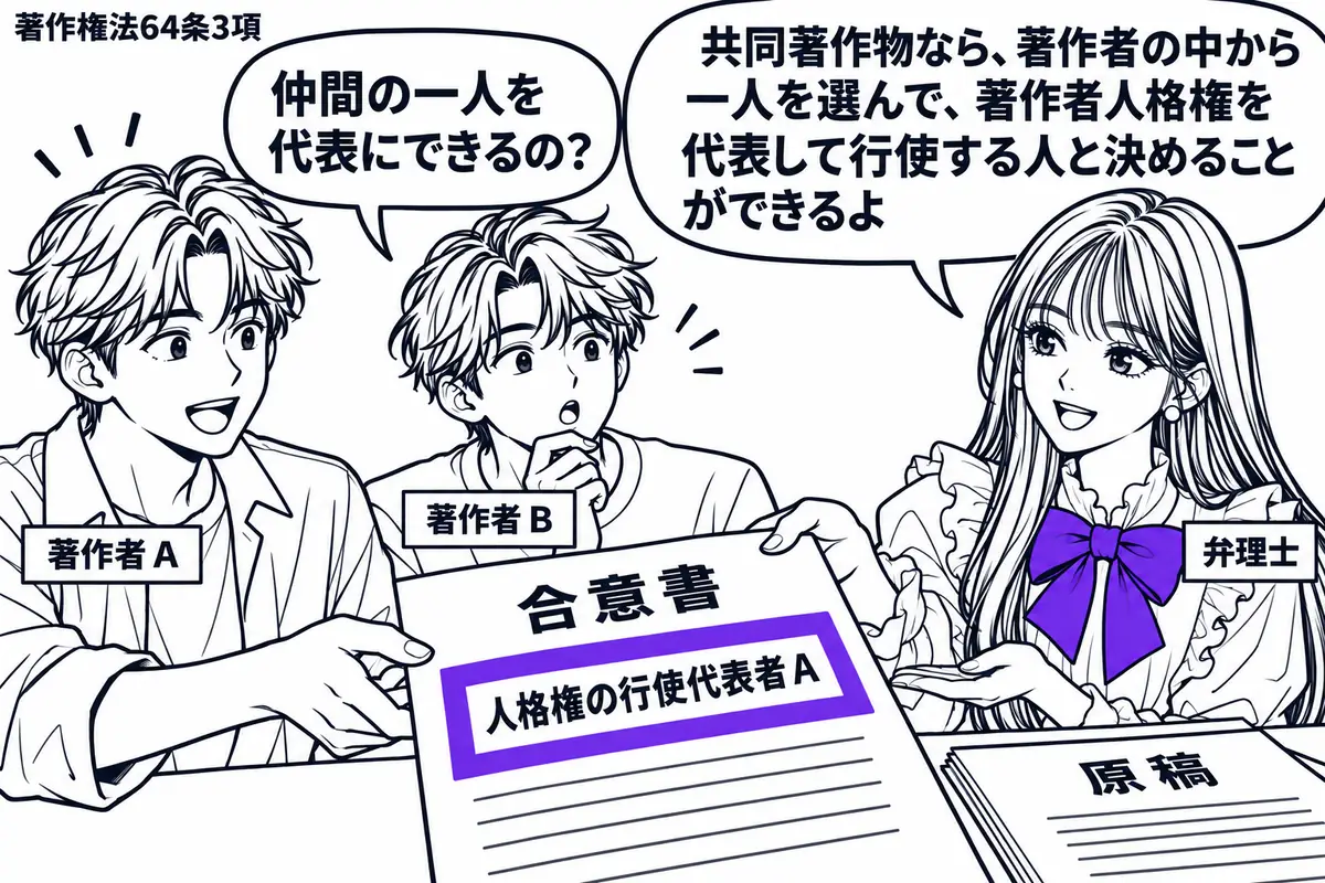 先生が弁理士役（札「弁理士」）で右側。左に共同著作者の二人（札「著作者Ａ」「著作者Ｂ」）が並び、中央の机に二人で書いた原稿と代表者を決める合意書。合意書の「人格権の行使代表者Ａ」の欄をヴァイオレットの枠で囲み、Ａが書類を受け取る。先生の吹き
