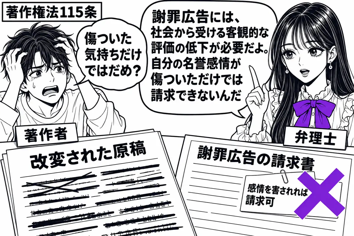 先生が弁理士役(札「弁理士」)で右側。左に傷ついた表情の作家(札「著作者」)、机には意に反して改変された原稿と謝罪広告の請求書。「感情を害されれば請求可」の付箋を請求書に貼り、ヴァイオレットの×印を付ける。先生の吹き出し「謝罪広告には、社会