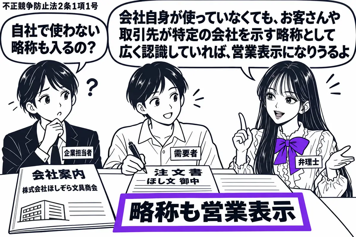 先生が弁理士役(札「弁理士」)で右側。左に企業の担当者(札「企業担当者」)、中央に客(札「需要者」)。机には正式名称だけの会社案内と、客が略称を記した注文書を置く。注文書の「略称も営業表示」の付箋をヴァイオレットの枠で囲む。先生の吹き出し「