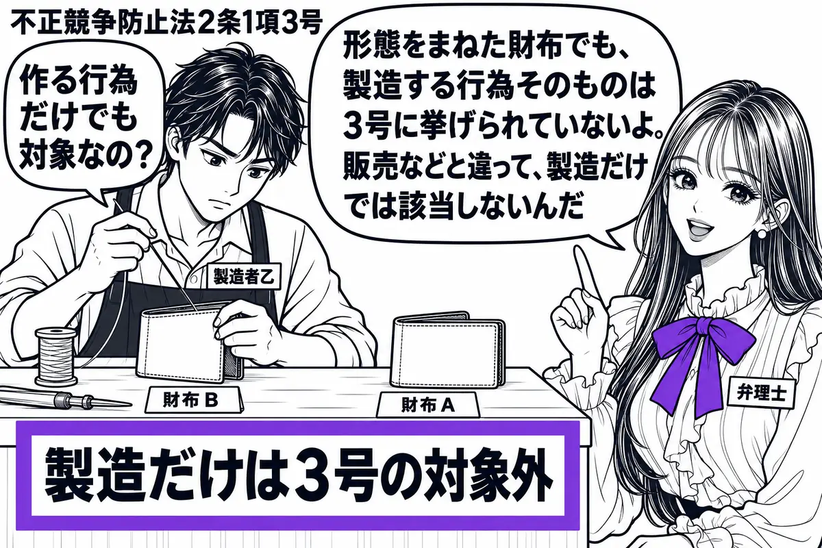 先生が弁理士役(札「弁理士」)で右側。左の作業台に男性(札「製造者乙」)が座り、見本の財布Aとそっくりな財布Bを縫っている。販売棚は置かず、作業台の「製造だけは3号の対象外」の札をヴァイオレットの枠で囲む。先生の吹き出し「形態をまねた財布で