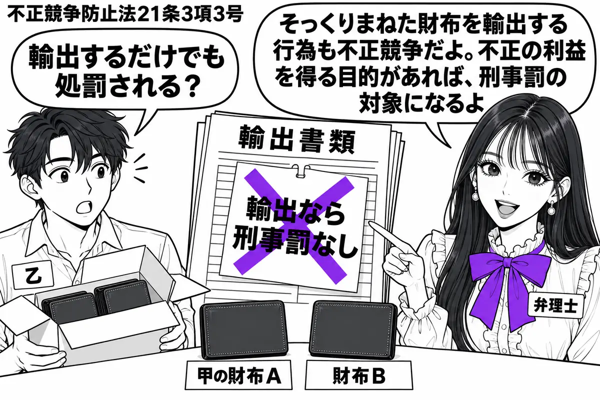 先生が弁理士役(札「弁理士」)で右に立つ。左に財布入りの輸出箱を抱える男性(札「乙」)。机には甲の財布Aと、それをそっくりまねた財布Bを並べる。輸出書類に貼った「輸出なら刑事罰なし」の付箋にヴァイオレットの×印。先生の吹き出し「そっくりまね