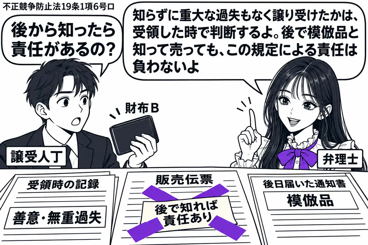 先生が弁理士役（札「弁理士」）で右側。左に財布Ｂを扱う男性（札「譲受人丁」）。机には受領時の記録「善意・無重過失」と、後日届いた模倣品の通知書が並ぶ。販売伝票の「後で知れば責任あり」の付箋にヴァイオレットの×印。先生の吹き出し「知らずに重大