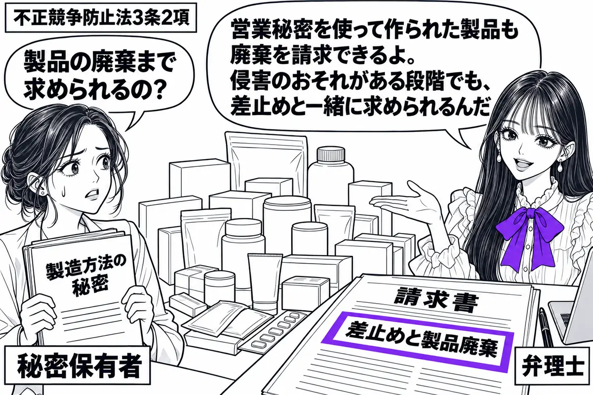 先生が弁理士役（札「弁理士」）で右の相談机に立つ。左に製造方法の秘密資料を持つ女性（札「秘密保有者」）、中央にその秘密を使って製造された製品の山。机の請求書にある「差止めと製品廃棄」の欄をヴァイオレットの枠で囲む。先生は製品の山に手を向ける