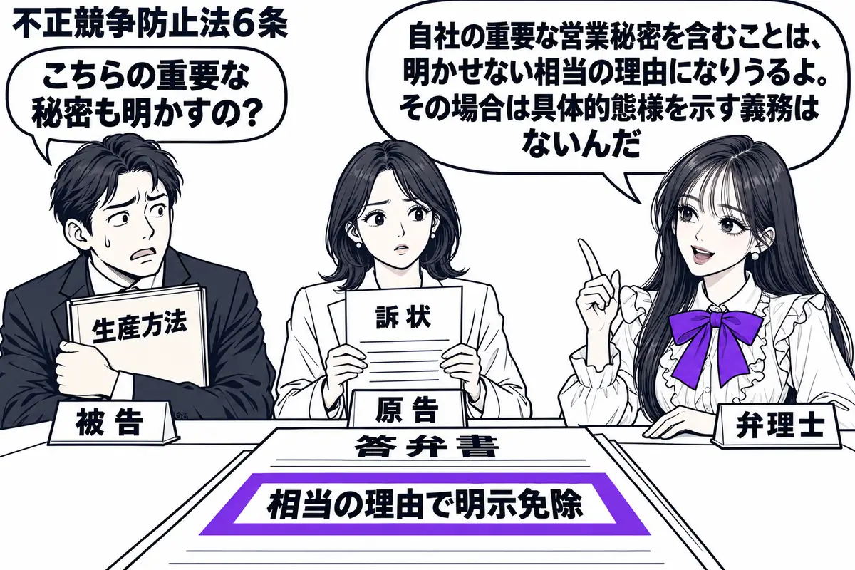 先生が弁理士役（札「弁理士」）で机の右。左に生産方法の資料を胸に抱える男性（札「被告」）、机の向こうに訴状を持つ女性（札「原告」）。男性の答弁書の「相当の理由で明示免除」の欄をヴァイオレットの枠で囲む。資料は閉じたまま置く。先生の吹き出し「