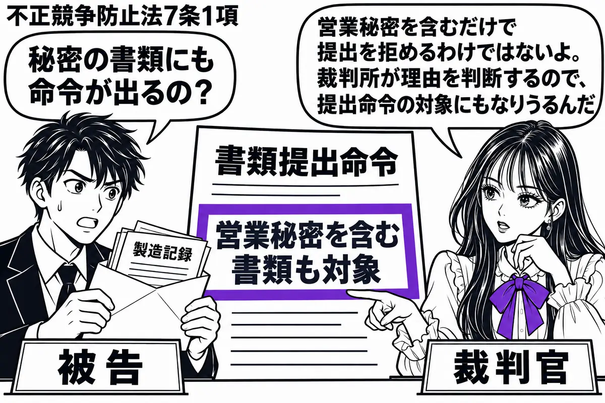 先生が裁判官役（札「裁判官」）で右の机に座る。左に封筒入りの製造記録を持つ男性（札「被告」）、中央に書類提出命令の用紙。用紙の「営業秘密を含む書類も対象」の欄をヴァイオレットの枠で囲む。先生は封筒を指し、提出を拒む理由を確かめる姿。先生の吹