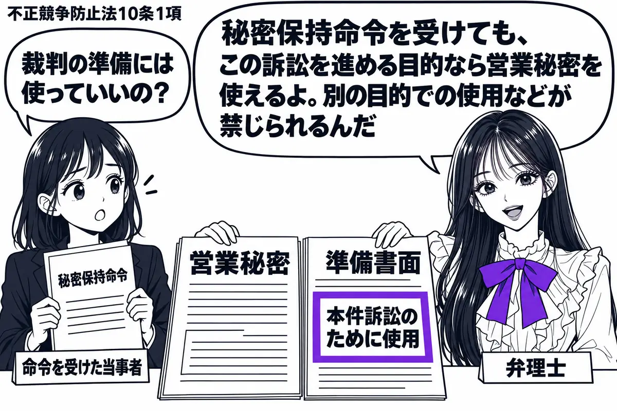 先生が弁理士役（札「弁理士」）で机の右。左に秘密保持命令の書面を持つ女性（札「命令を受けた当事者」）。中央に営業秘密の資料と準備書面を並べ、準備書面の「本件訴訟のために使用」の欄をヴァイオレットの枠で囲む。先生は二つの書類に手を添える。先生