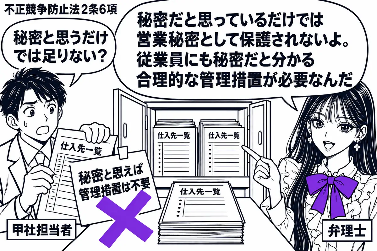 先生が弁理士役(札「弁理士」)で右に立つ。左に仕入先一覧を持つ男性(札「甲社担当者」)、中央の机には誰でも手に取れる同じ資料の束。男性が貼った「秘密と思えば管理措置は不要」の付箋にヴァイオレットの×印。先生は開け放された資料棚を示す。先生の