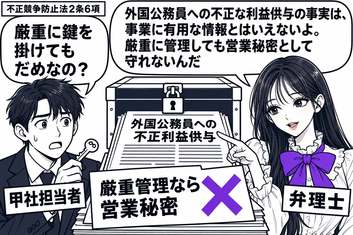 先生が弁理士役(札「弁理士」)で机の右。左に鍵を握った男性(札「甲社担当者」)、中央に厳重な鍵付き書類箱と「外国公務員への不正利益供与」の記録。記録に貼った「厳重管理なら営業秘密」の付箋にヴァイオレットの×印。先生は鍵ではなく記録の内容を指