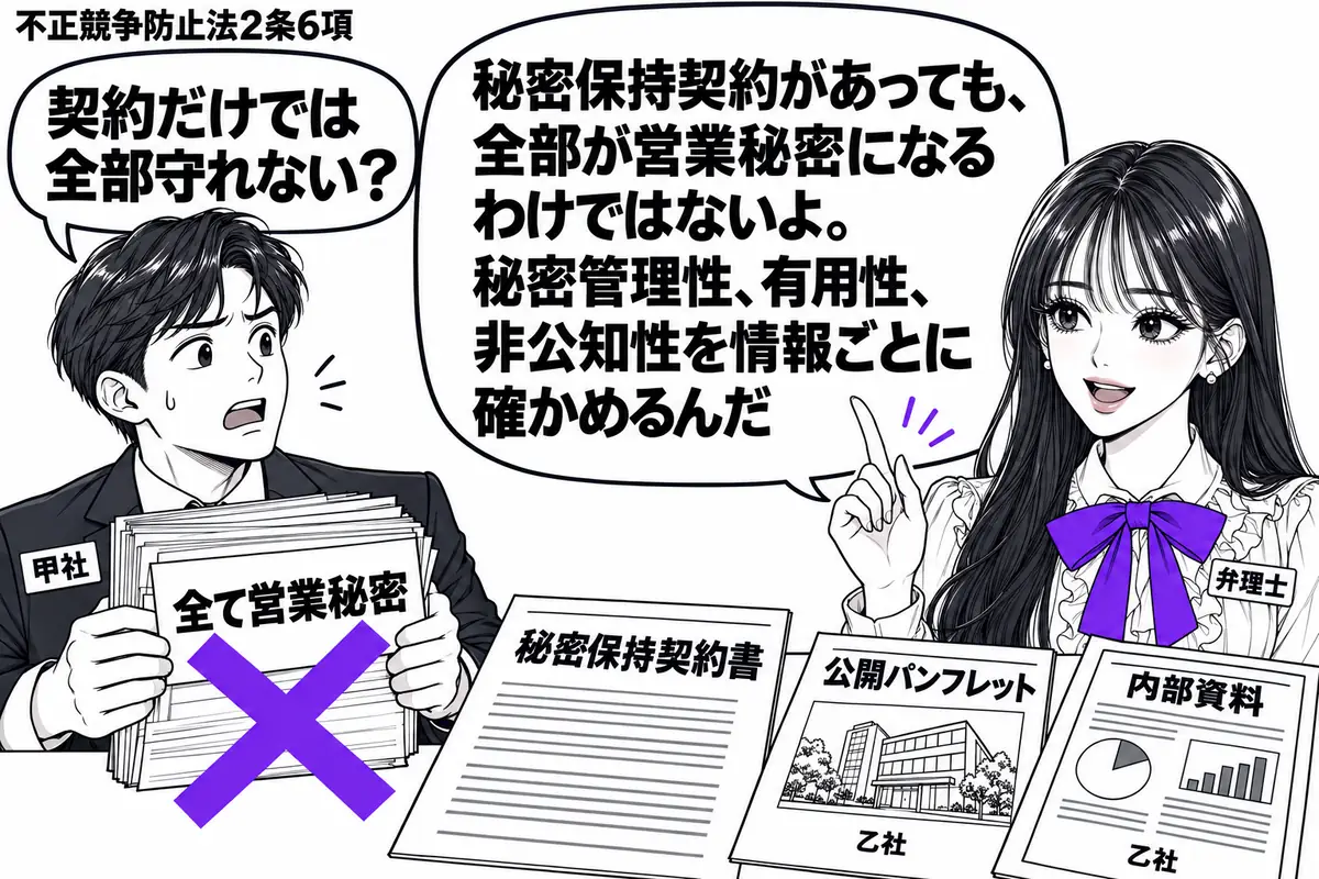 先生が弁理士役(札「弁理士」)で右に立つ。左に開示資料の束を持つ担当者(札「甲社」)。机の秘密保持契約書の横に、乙社から受け取った公開パンフレットと内部資料を並べる。資料の束の付箋「全て営業秘密」にヴァイオレットの×印。先生の吹き出し「秘密