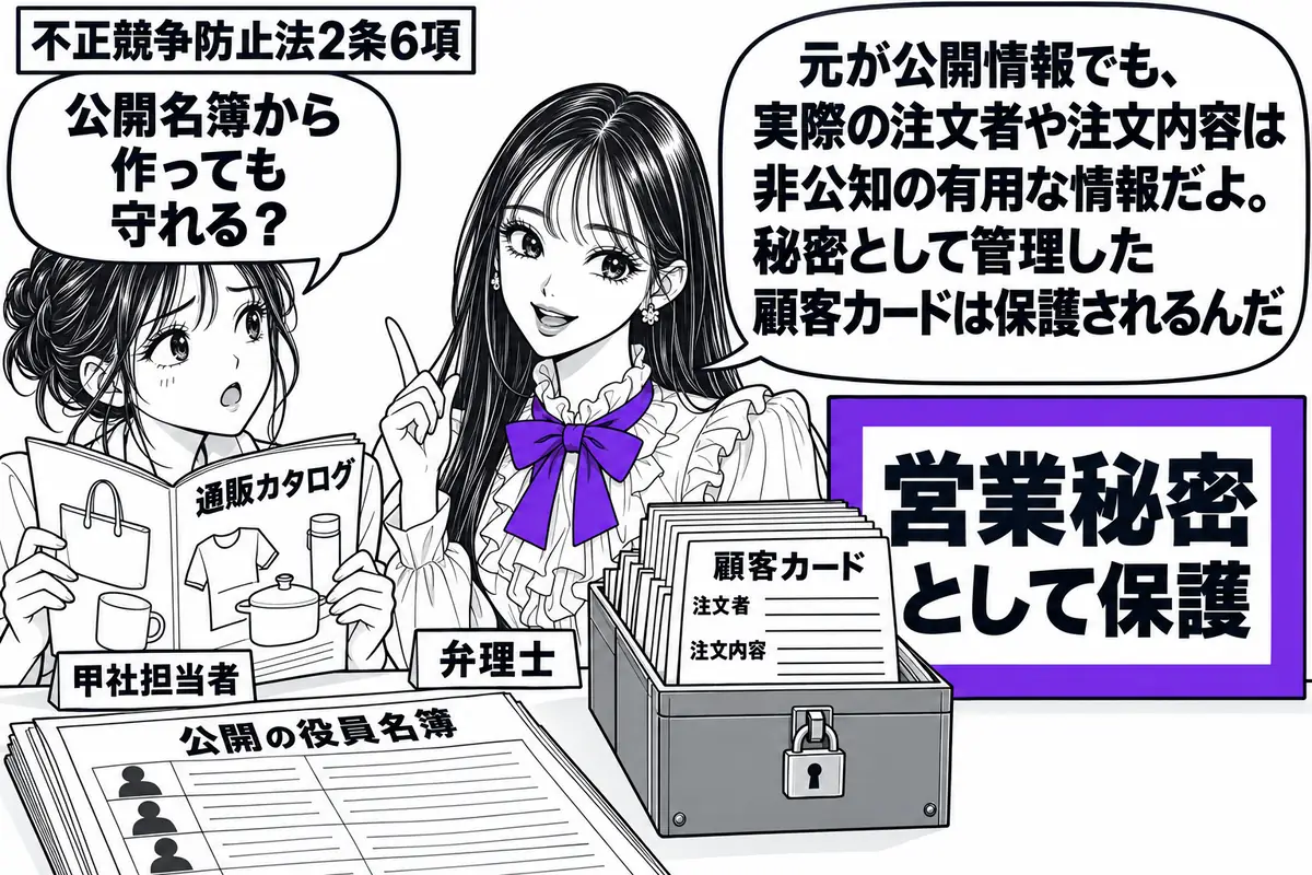 先生が弁理士役(札「弁理士」)で右に立つ。左に通販カタログを持つ女性(札「甲社担当者」)。机の左側に公開の役員名簿、右側に注文者と注文内容を記録した顧客カードを鍵付き箱に収める。カードに添えた「営業秘密として保護」の札をヴァイオレットの枠で