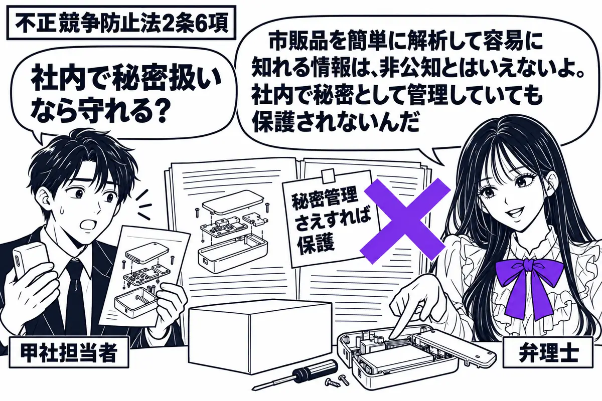 先生が弁理士役(札「弁理士」)で机の右。左に市販品と簡単な解析結果を持つ男性(札「甲社担当者」)。中央には製品の外箱と小さな工具、技術情報の資料を並べる。資料の「秘密管理さえすれば保護」の付箋にヴァイオレットの×印。先生は容易に分かる構造を