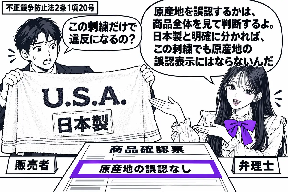 先生が弁理士役(札「弁理士」)で机の右。左にタオルを広げる男性(札「販売者」)。タオルには「U.S.A.」の刺繍と、よく見える「日本製」の表示。中央の商品確認票の「原産地の誤認なし」の欄をヴァイオレットの枠で囲む。先生はタオル全体を両手で示