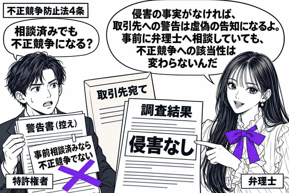 先生が弁理士役(札「弁理士」)で右に立つ。左に警告書の控えを持つ男性(札「特許権者」)、中央に取引先宛ての封筒と「侵害なし」の調査結果。警告書に貼った「事前相談済みなら不正競争でない」の付箋にヴァイオレットの×印。先生は調査結果を示す。先生