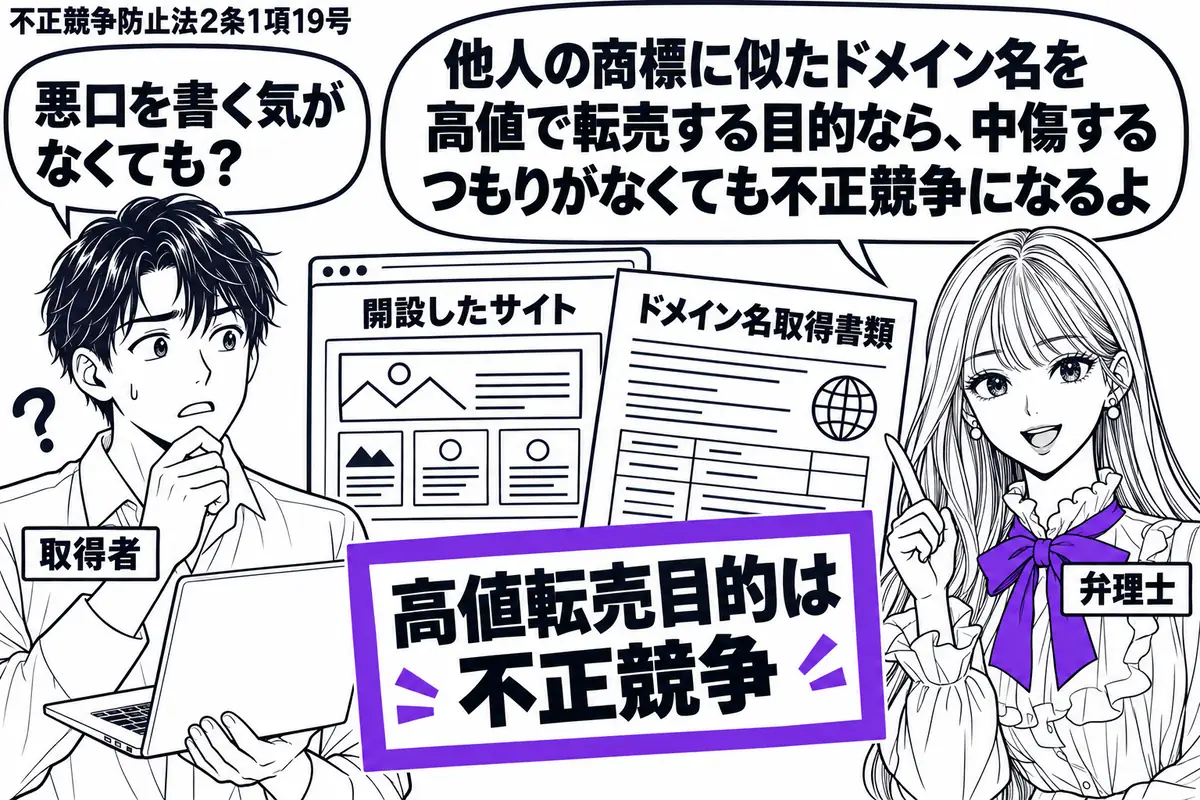 先生が弁理士役(札「弁理士」)で右に立つ。左にパソコンを抱えた男性(札「取得者」)、中央に他人の商標と似たドメイン名の取得書類と、開設したサイトの画面。書類に添えた「高値転売目的は不正競争」の付箋をヴァイオレットの枠で囲む。先生の吹き出し「