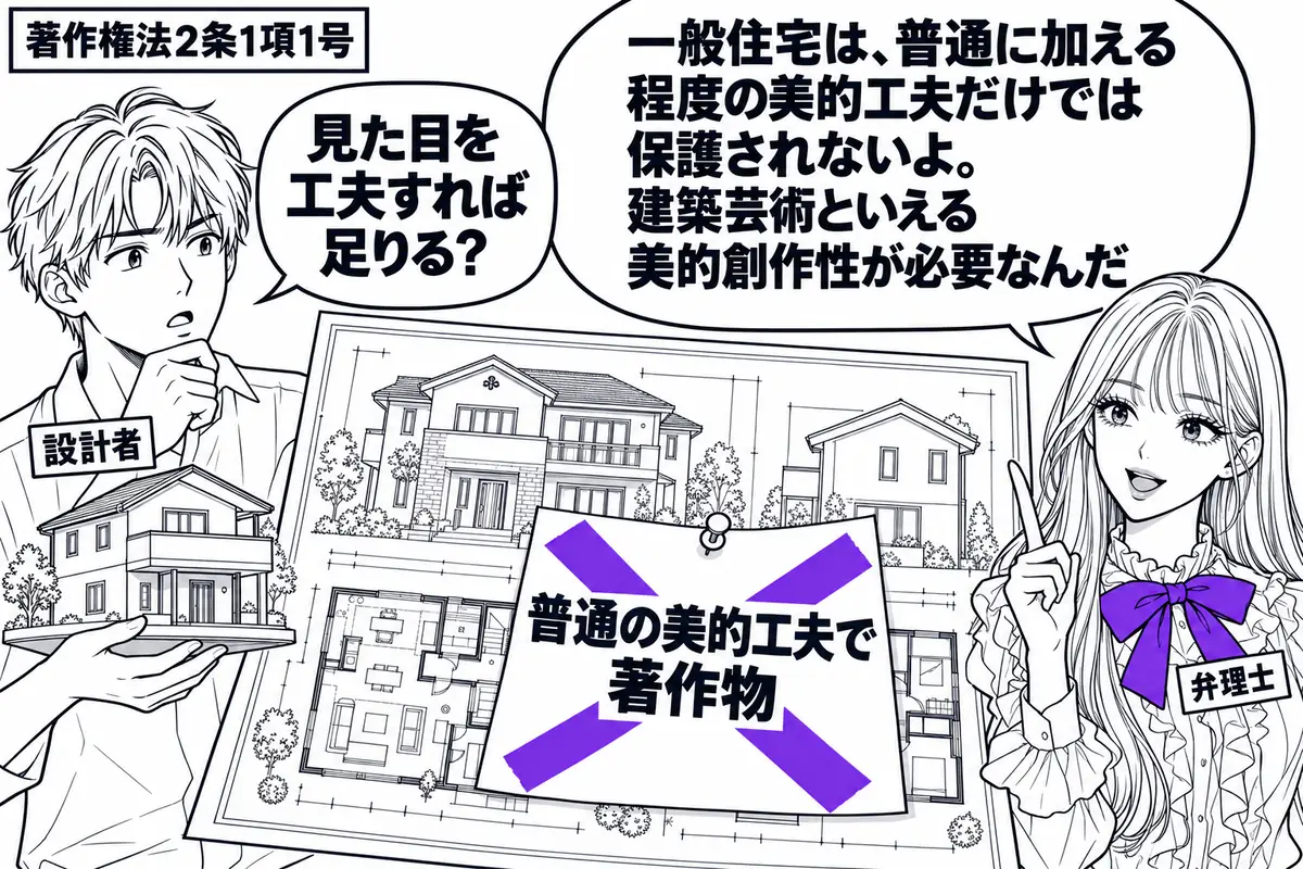 先生が弁理士役(札「弁理士」)で右に立つ。左に住宅模型を抱えた男性(札「設計者」)。中央に一般的な注文住宅の設計図を広げ、窓や屋根にささやかな装飾を描く。図面の「普通の美的工夫で著作物」の付箋に大きなヴァイオレットの×印。先生の吹き出し「一