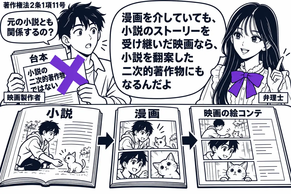 先生が弁理士役(札「弁理士」)で右に立つ。左に映画の台本を持つ男性(札「映画製作者」)。机に小説、漫画、映画の絵コンテを並べ、同じ主人公と出来事が受け継がれた絵を添える。台本の「小説の二次的著作物ではない」の付箋にヴァイオレットの×印。先生