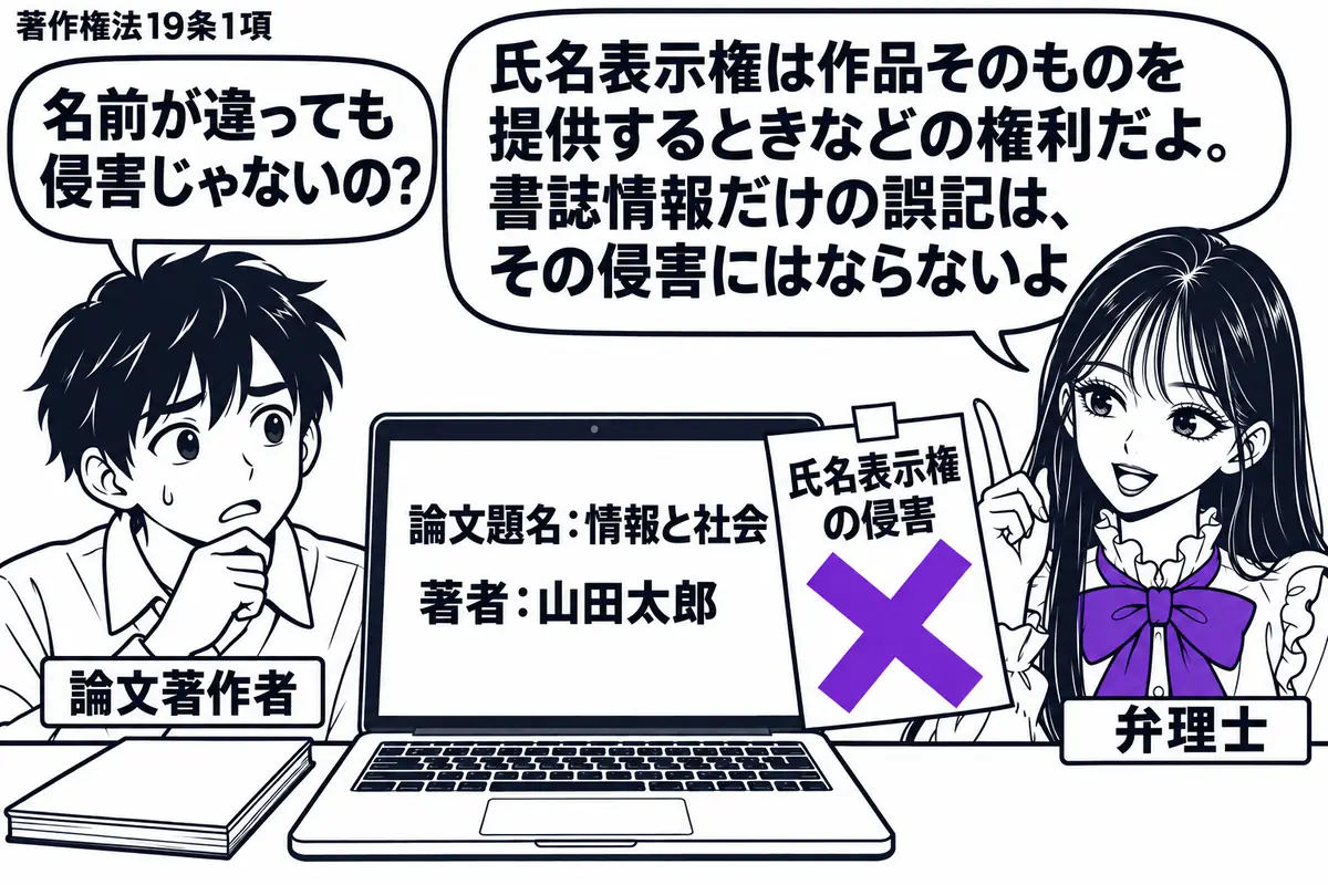 先生が弁理士役(札「弁理士」)で右に立つ。左に困り顔の男性(札「論文著作者」)、中央に論文の題名と誤った著者名だけを表示したパソコン。机の論文原稿は閉じて置き、画面には本文を載せない。画面脇の付箋「氏名表示権の侵害」に大きなヴァイオレットの
