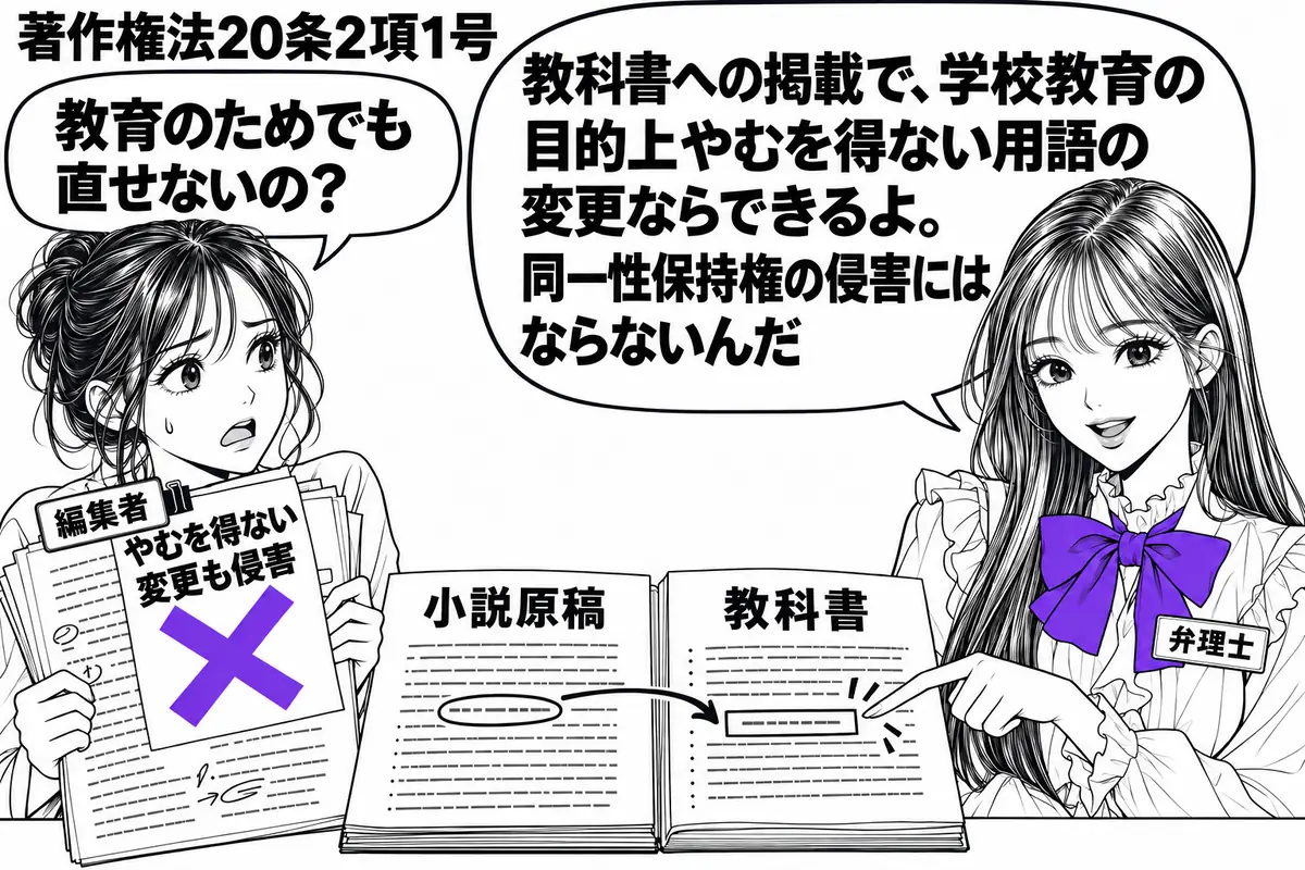先生が弁理士役(札「弁理士」)で右に立つ。左に教科書の校正紙を持つ女性(札「編集者」)。中央の机に小説原稿と教科書を並べ、差別用語を直した箇所を先生が指す。校正紙の付箋「やむを得ない変更も侵害」にヴァイオレットの×印。先生の吹き出し「教科書
