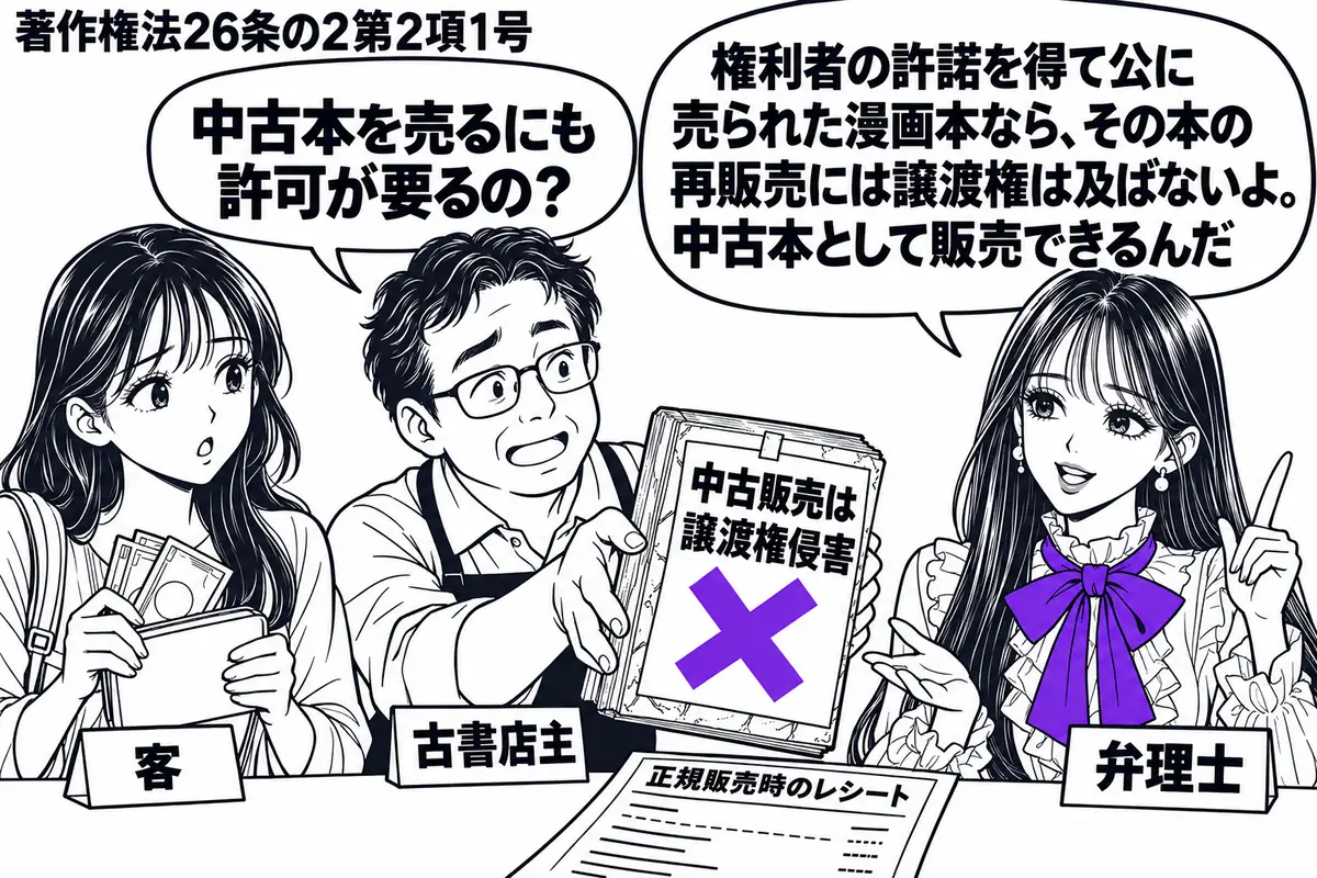 先生が弁理士役（札「弁理士」）で右に立つ。中央に古い漫画本を差し出す男性（札「古書店主」）、左に代金を持つ女性（札「客」）。机に正規販売時のレシートを添え、漫画本の付箋「中古販売は譲渡権侵害」にヴァイオレットの×印。先生の吹き出し「権利者の