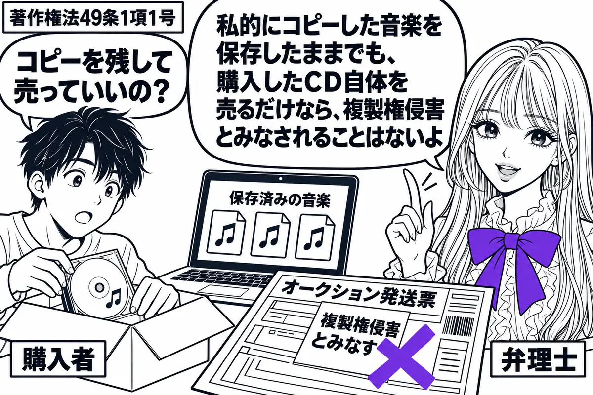 先生が弁理士役（札「弁理士」）で右に立つ。左に購入した音楽ＣＤを梱包する男性（札「購入者」）。中央のパソコンには保存済みの音楽ファイル、脇にオークションの発送票を置く。発送票の付箋「複製権侵害とみなす」にヴァイオレットの×印。先生の吹き出し