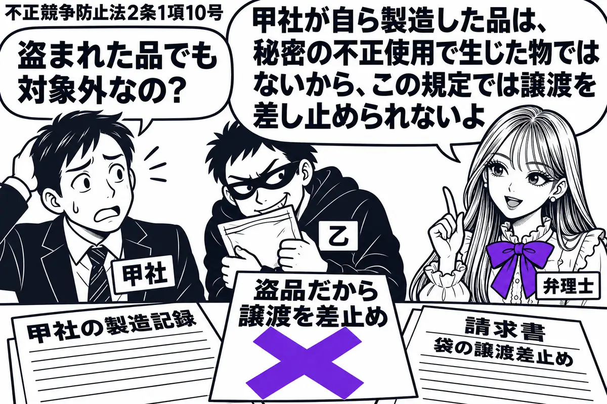 先生が弁理士役(札「弁理士」)で右に立つ。左に困り顔の担当者(札「甲社」)、中央に盗んだスパイスの袋を抱える男(札「乙」)。机には甲社の製造記録と、袋の譲渡を止めようとする請求書。「盗品だから譲渡を差止め」の付箋に大きなヴァイオレットの×印