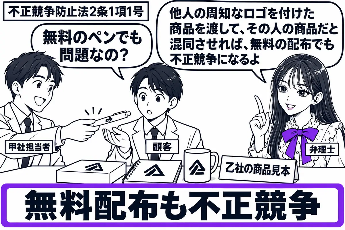 先生が右で説明する弁理士役(札「弁理士」)。左の男性(札「甲社担当者」)が中央の顧客(札「顧客」)にボールペンを無料で渡す。ペンと机上の乙社の商品見本には同じ架空のロゴを描き、「無料配布も不正競争」の付箋をヴァイオレットの枠で囲む。先生の吹