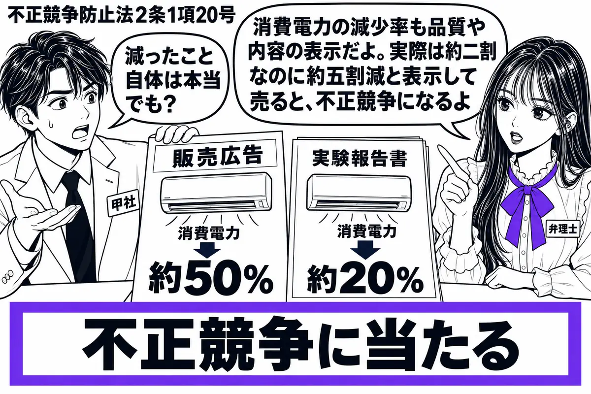先生が弁理士役(札「弁理士」)で右に立つ。左の販売担当者(札「甲社」)がエアコンの販売広告を持つ。中央の机に広告と実験報告書を並べ、それぞれの減少率「約50%」「約20%」を見比べられる配置。「不正競争に当たる」の判定札をヴァイオレットの枠
