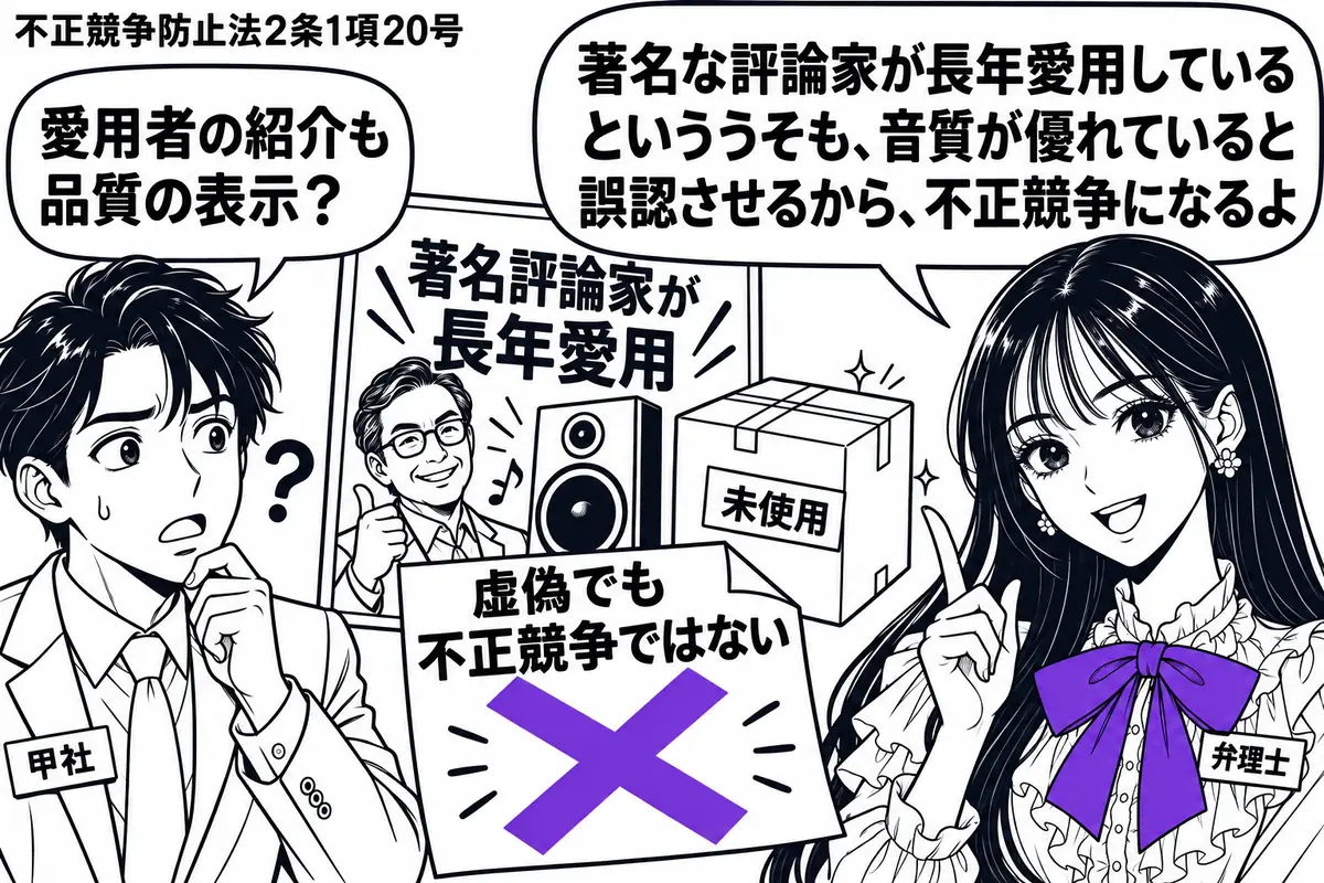 先生が弁理士役(札「弁理士」)で右に立つ。左に広告担当者(札「甲社」)、中央にスピーカーと「著名評論家が長年愛用」の広告。広告の脇に未使用の箱を置き、宣伝との食い違いを示す。「虚偽でも不正競争ではない」の付箋にヴァイオレットの×印。先生の吹