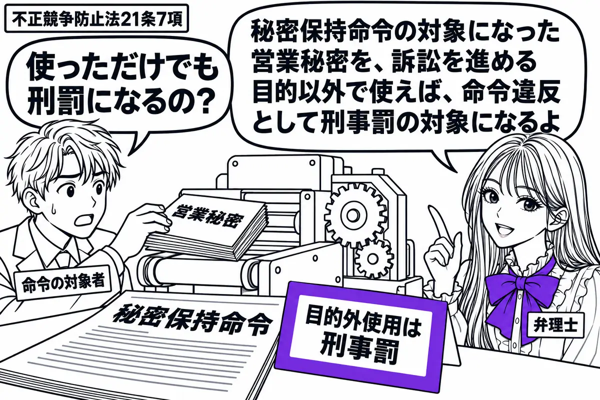 先生が右で弁理士役（札「弁理士」）。左に製造機械へ営業秘密の資料を置く男性（札「命令の対象者」）。机に秘密保持命令の書面を広げ、その横の「目的外使用は刑事罰」の付箋をヴァイオレットの枠で囲む。先生の吹き出し「秘密保持命令の対象になった営業秘