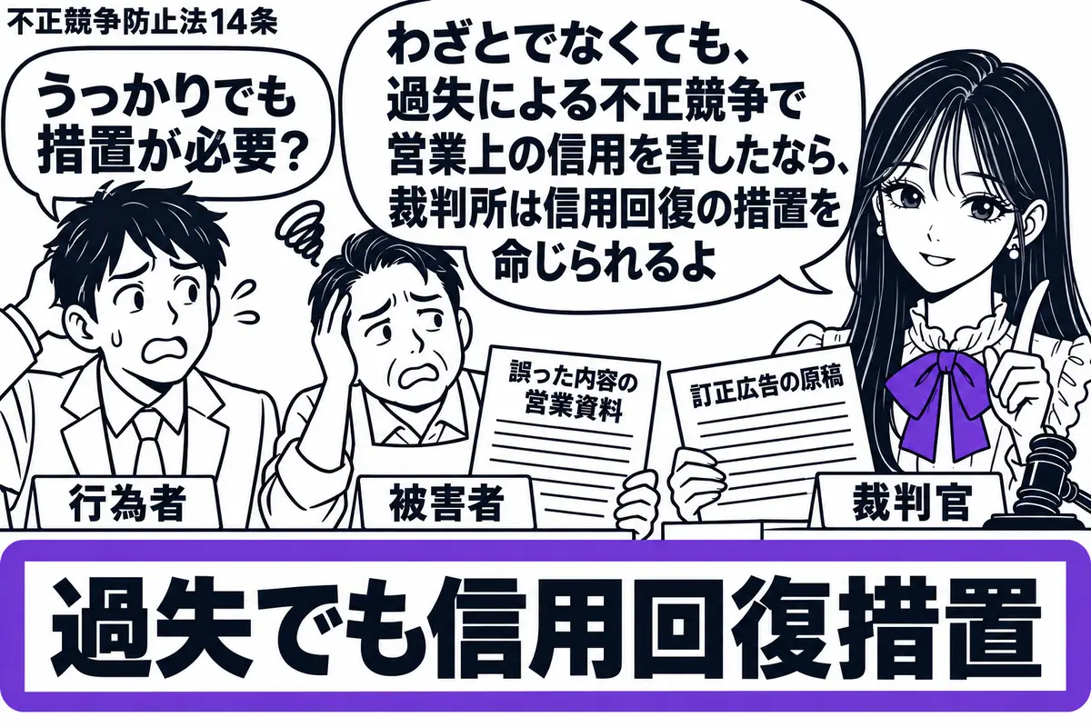 先生が裁判官役（札「裁判官」）で右の法廷席に座る。左にうっかりした表情の担当者（札「行為者」）、中央に信用を傷つけられた店主（札「被害者」）。机には誤った内容の営業資料と訂正広告の原稿。「過失でも信用回復措置」の判定札をヴァイオレットの枠で