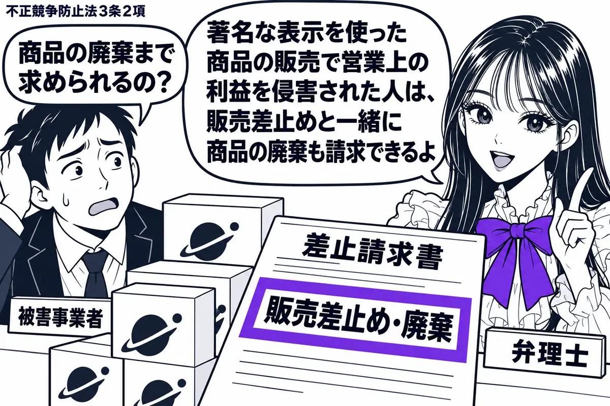 先生が右で弁理士役(札「弁理士」)。左に困り顔の男性(札「被害事業者」)。机に他人の著名な表示を付けた商品と差止請求書を置き、請求書の「販売差止め・廃棄」の欄を一つのヴァイオレットの枠で囲む。先生の吹き出し「著名な表示を使った商品の販売で営