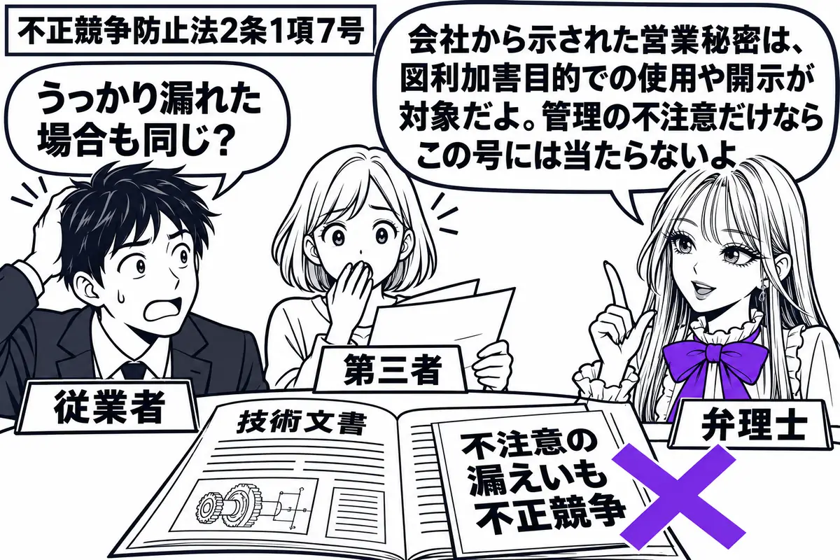 先生が右の相談机に座る弁理士役(札「弁理士」)。左に慌てる男性(札「従業者」)、奥に机の書類を見てしまった女性(札「第三者」)。開いた「技術文書」の横に「不注意の漏えいも不正競争」の付箋を置き、そこにヴァイオレットの×印。先生の吹き出し「会