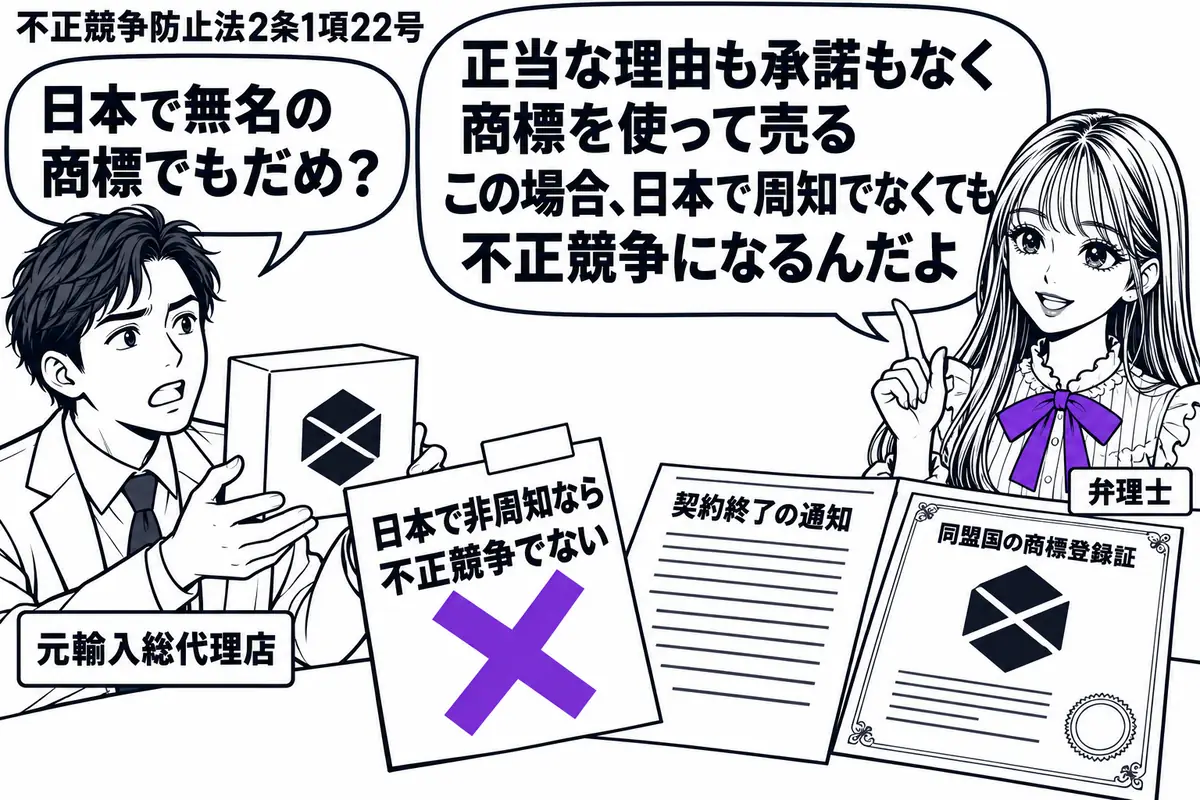 先生が右の相談机に立つ弁理士役(札「弁理士」)。左に商品箱を抱える男性(札「元輸入総代理店」)。机に契約終了の通知と同盟国の商標登録証を置き、箱には登録証と同じ商標を描く。「日本で非周知なら不正競争でない」の付箋にヴァイオレットの×印。先生
