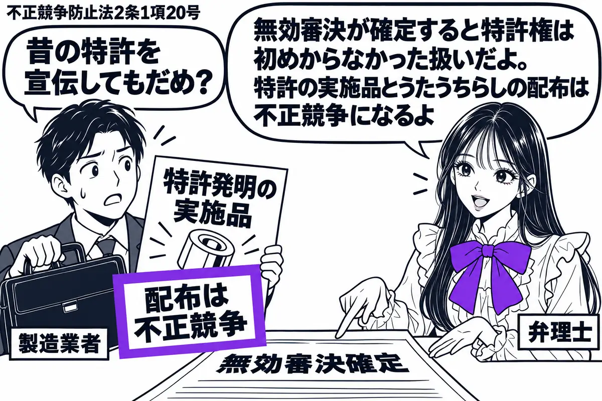 先生が右の机に立つ弁理士役(札「弁理士」)。左にかばんとちらしを持つ男性(札「製造業者」)。机に「無効審決確定」の通知を置き、ちらしには「特許発明の実施品」と記す。添えた「配布は不正競争」の付箋をヴァイオレットの枠で囲む。先生の吹き出し「無