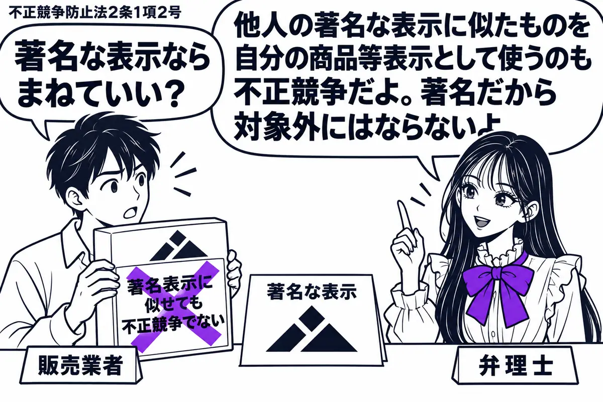 先生が右の相談机に立つ弁理士役(札「弁理士」)。左に商品箱を持つ男性(札「販売業者」)。机に他社の著名な表示の見本を置き、箱にはそれとよく似た表示を描く。箱に貼った「著名表示に似せても不正競争でない」の付箋にヴァイオレットの×印。先生の吹き